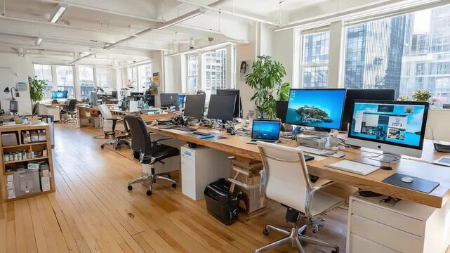 Open Office Collaboration: A modern open-plan office setting, filled with multiple computers and workstations, fosters a collaborative work environment. Sunlight streams through expansive windows.