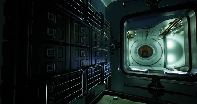 A high tech space station module is shown with dim lighting and metallic shelves. The hatch glows brightly, revealing a view into another compartment, enhancing the futuristic atmosphere.