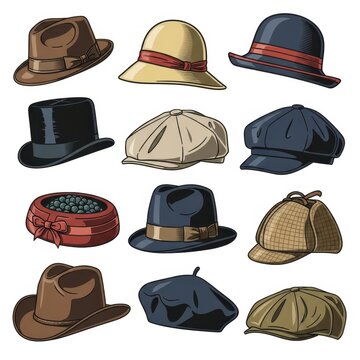 Diverse Collection of Vintage and Modern Hat Styles Presented in a Whimsical Illustration