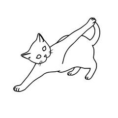 Minimal black line art cat stretching, clean outline, isolated on white background.
