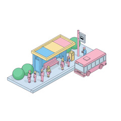 Isometric Bus Stop Scene with People and Bus.
