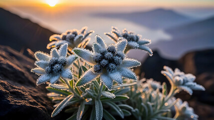 Dewy Edelweiss flowers bloom in the foreground of a Mount Rinjani Segara Anak Lake sunrise landscape with soft bokeh