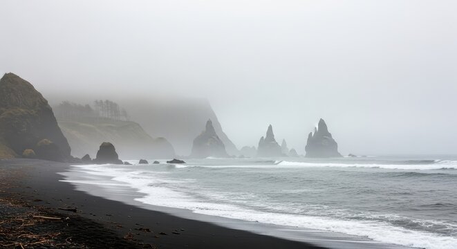 Dramatic Sea Stacks shrouded in mystical fog along the Oregon coast landscape scenic view - Powered by Adobe