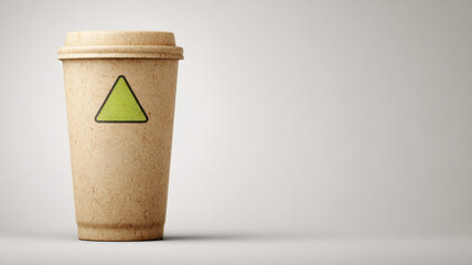 A takeaway coffee cup with a green triangle on it. The cup is made of recycled paper and it is on a table. The scene promotes sustainability, eco-friendly product.