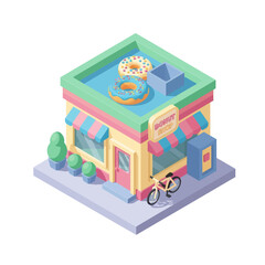 Isometric Donut Shop Building with Sweet Treats on Roof.