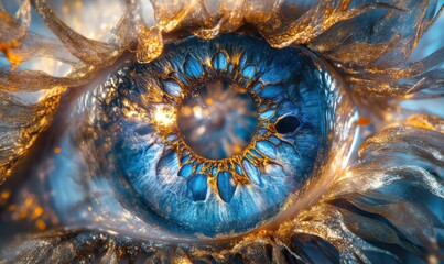 Fractal design resembling an eye with blue and gold.