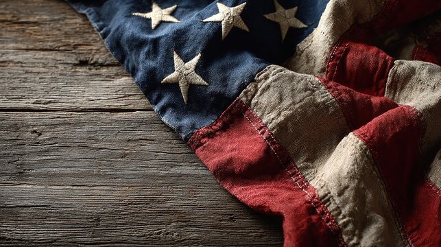 Vintage american flag draped on rustic weathered wood surface