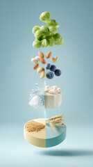 Balanced diet concept with fruits, vegetables, nuts, and grains on blue background