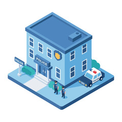 Isometric Police Station Building with Officers and Patrol Car. © Anak