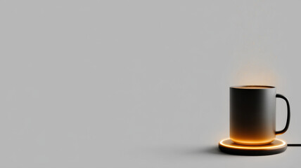A simple, yet elegant mug on a modern warmer pad, radiating a soft glow