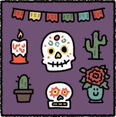 Cute Día de los Muertos Illustration with Sugar Skulls, Marigold Flowers, Papel Picado, Candle and Cactus – Hand Drawn Cultural Artwork