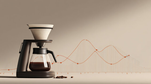 Coffee maker with abstract red line graph showing coffee brewing process - Powered by Adobe