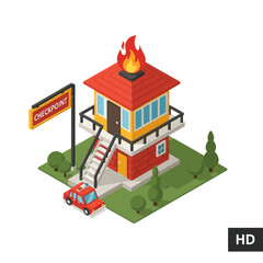 Fire Watchtower with Checkpoint Sign and Fire Truck.