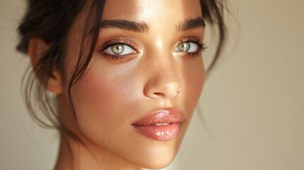 Naklejka premium Stunning Close-Up Portrait of a Young Woman with Gleaming Skin and Striking Eyes in Natural Light Setting for Beauty and Skincare Themes