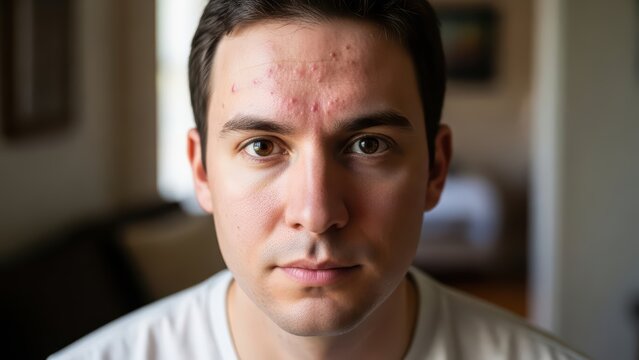 Young caucasian male with acne on forehead in home setting