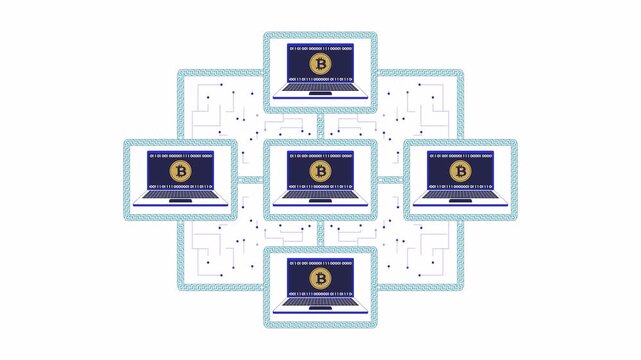 Blockchain network 2D animation. Interconnected computers with bitcoin. Decentralized system. Peer-to-peer digital transactions animated cartoon flat concept metaphor 4K video isolated on white