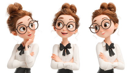 An animated woman with glasses and a bow tie showcases curiosity and confidence in three poses on transparent background