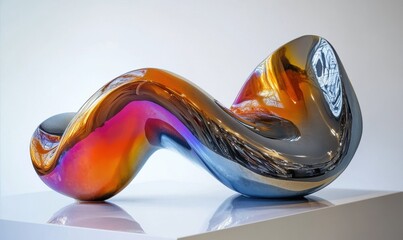 Colorful abstract glass sculpture with smooth curves on display stand.