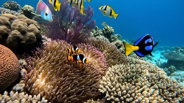 4K HD video of vibrant tropical fish swimming around a colorful coral reef, showcasing diverse marine life, bright corals, gentle water movement, and a lively underwater ecosystem scene
