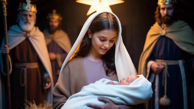The Virgin Mary is holding the newborn Jesus. Three kings have come. The Holy Family of Bethlehem.