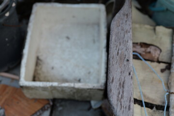 Close-up of an Old Wooden Board and a Weathered Empty Container in Natural Light