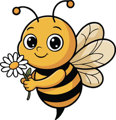 Cute little bee holding a daisy flower vector cartoon illustration on a transparent background for children's designs