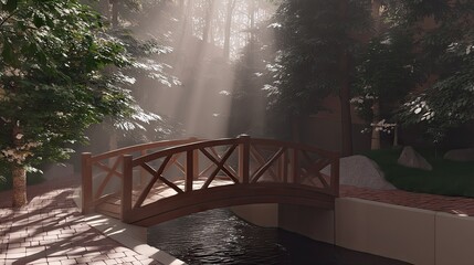Cross-shaped bridge over stream with green grass and dark forest under bright sun in a fantasy landscape environment