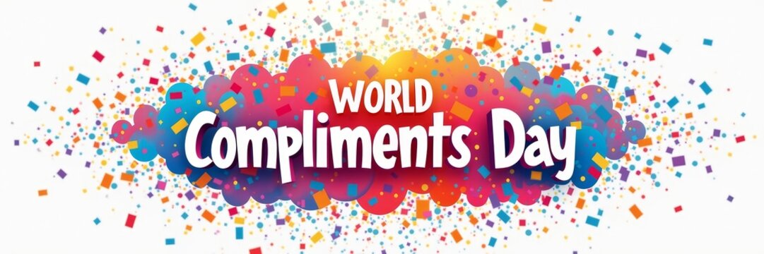 World Compliments Day banner with vibrant cloud shape and colorful confetti for celebration, greeting card or social media post.