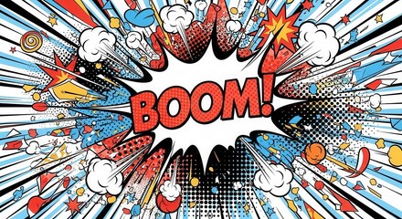 Dynamic comic book explosion illustration with vibrant colors and radial effects style