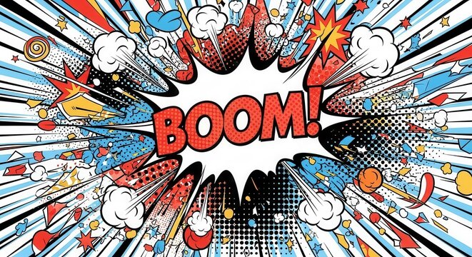 Dynamic comic book explosion illustration with vibrant colors and radial effects style - Powered by Adobe