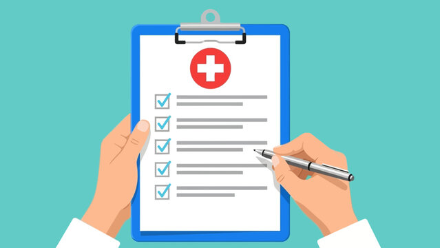 Doctor completing medical checklist on clipboard with red cross symbol background
