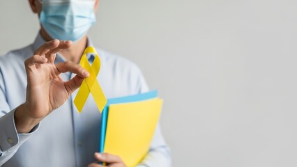 Childhood cancer awareness ribbon held by adult in a clean office setting