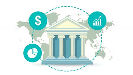 Classical bank building with finance icons and world map in background