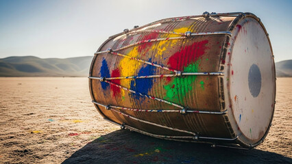 Large traditional drum with colorful paint resting on sandy ground  