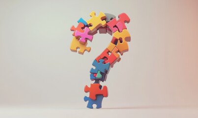 Abstract question mark made of colorful puzzle pieces floating in mid-air, vibrant tones enhanced by soft diffused light, symbolizing curiosity and problem-solving