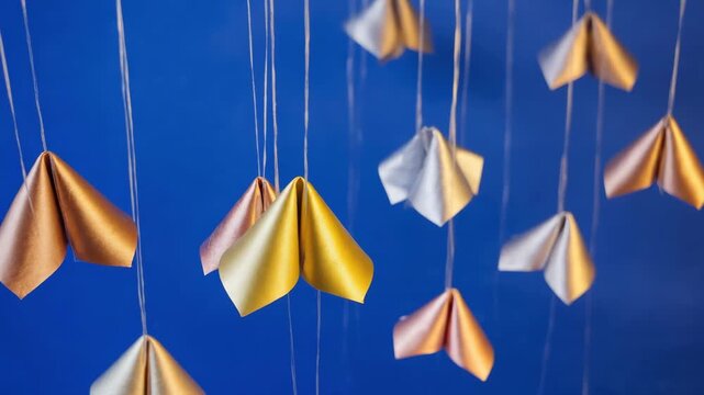 Colorful triangular kites on string against blue backdrop.