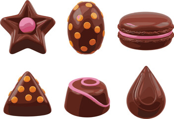 Detailed Vector Set of Six Shaped Chocolate Truffles and Candies, Featuring Star, Egg, Triangle, and Pink Macaron Designs for Luxury Dessert Graphics.