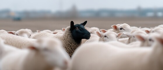 Flock of white sheep surrounds one black sheep in a foggy landscape to show uniqueness among peers