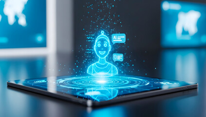 Digital tablet displaying a glowing hologram of an AI chatbot interface. Artificial intelligence concept for technology support and smart communication future.