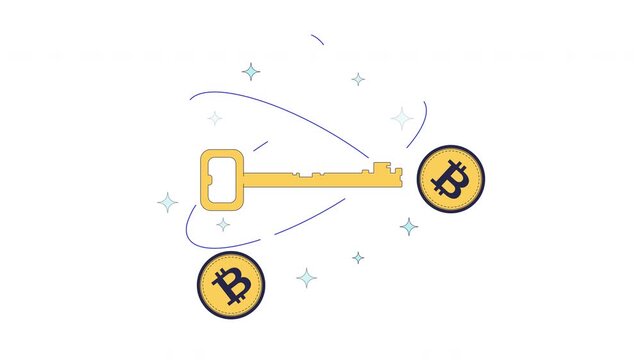 Bitcoin cryptography 2D animation. Encryption key with BTC coins and orbit lines. Secure crypto. Blockchain technology protection animated cartoon flat concept metaphor 4K video isolated on white