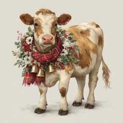 A delightful brown and white cow festively dressed with a vibrant Christmas wreath of white flowers, red berries, and golden bells, complemented by a cozy red plaid scarf, radiating holiday joy.