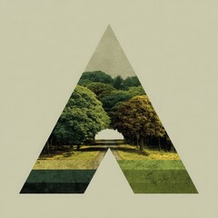 "A" for Aspiration: A Modern Abstract Depiction of a Verdant Forest Path Emerging from a Geometric Triangle on a Minimalist Beige Canvas, Symbolizing Nature's Journey.