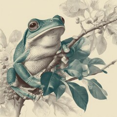 A majestic tree frog perched gracefully on a leafy branch adorned with berries, meticulously rendered in a vintage scientific engraving style with intricate teal and sepia tones.