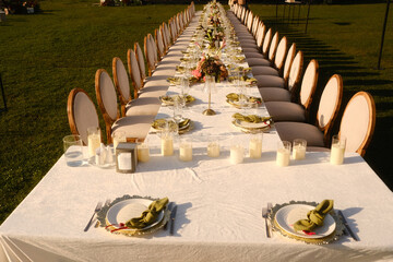 celebration setup with floral decor, sunset outdoor feast with decorative arrangements