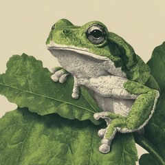 A meticulously detailed vintage engraving of a vibrant green tree frog perched gracefully on a large, verdant leaf, capturing the essence of classic natural history illustrations.