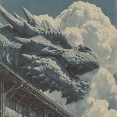 Colossal ancient dragon's head, with textured scales and an intense eye, powerfully emerges from dense vintage clouds, overshadowing a weathered industrial building, a true titan of forgotten myths.