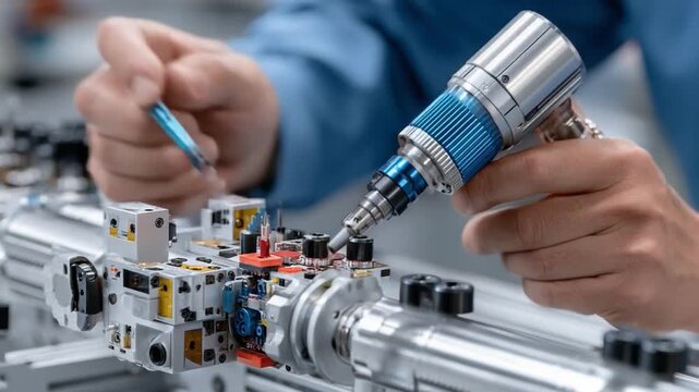 Precision Assembly: A focused engineer, meticulously assembling intricate machinery components, showcasing expertise and dedication in a modern manufacturing environment.