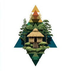 Geometric abstract artwork: A peaceful thatch hut in lush trees, framed by colorful triangles, fusing natural calm and modern design on white background.