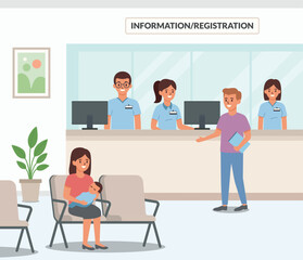 Hospital lobby with workers and customers