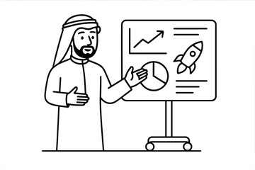 Middle Eastern entrepreneur presenting business growth strategy with charts and rocket symbol on a whiteboard